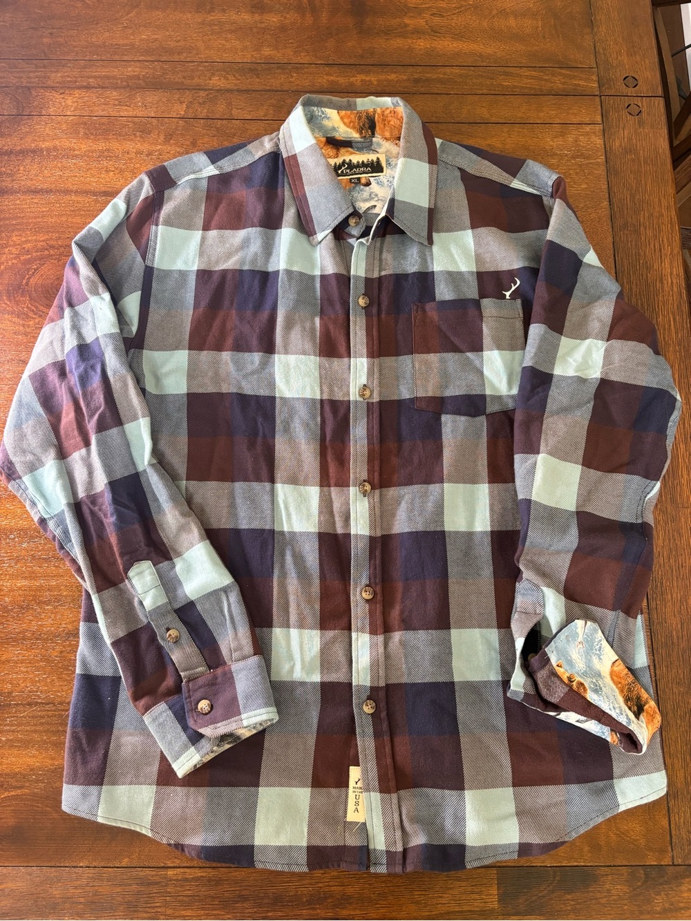 Pladra Mens Flannel Shirt XL Plaid Maroon Mint Green Wildlife Liner Made In USA